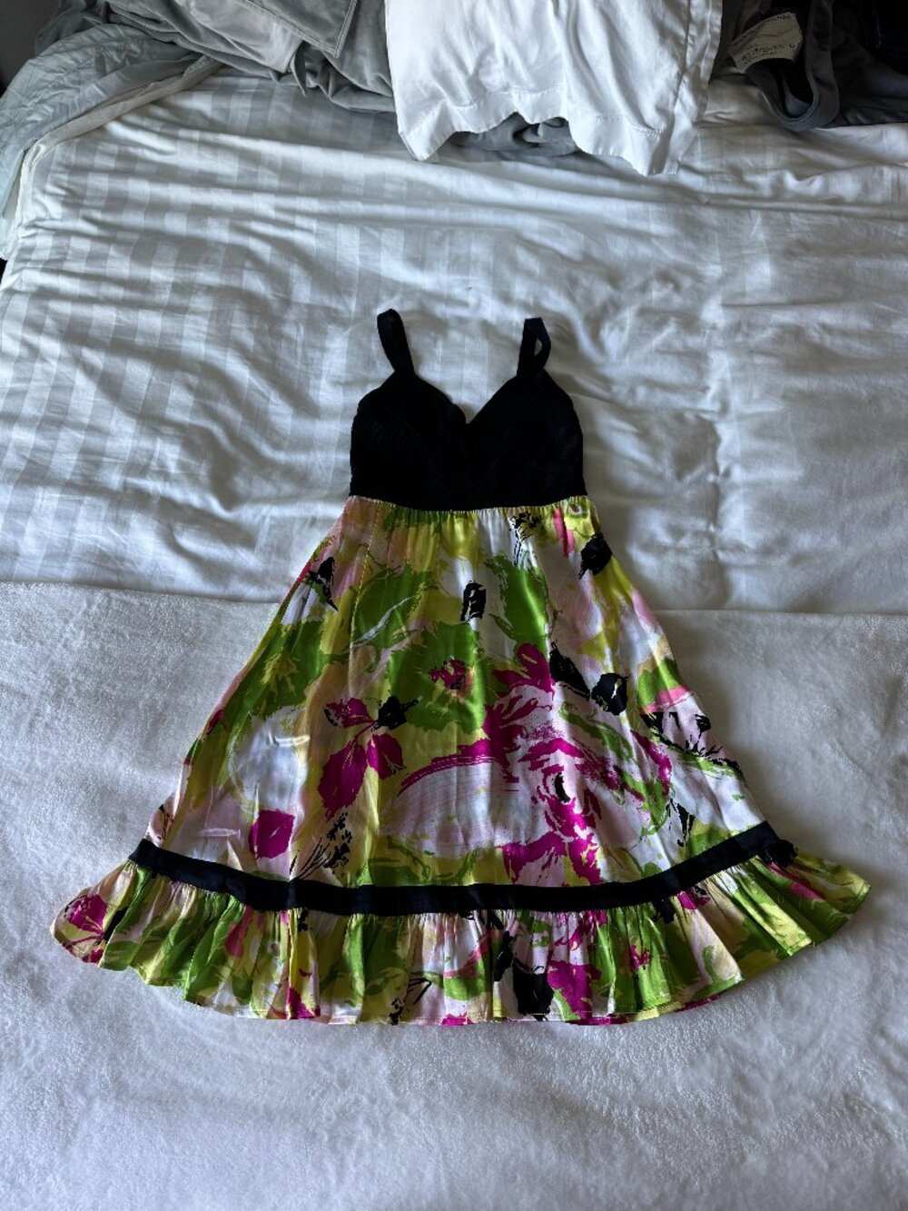 Bebe Floral Satin Dress with Ruffles - Size S